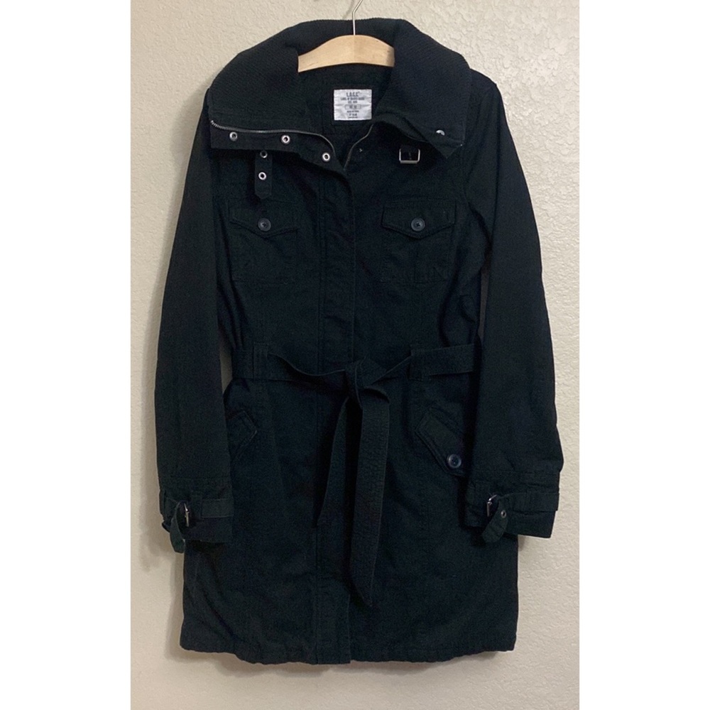 H&M L.O.G.G. Black Trench Coat Full Zip Belted 100% Cotton Knee Length Size 12